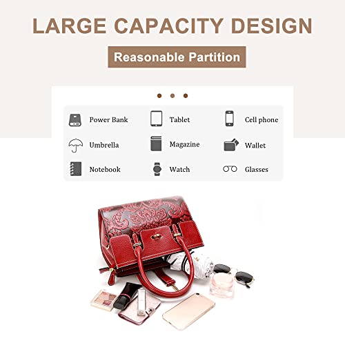 Cowhide Leather Floral Bucket Bag For Women Designer Retro Embossing Handbag Ladies Top Handle Satchel Crossbody Shoulder Bag (Red) #TOP3