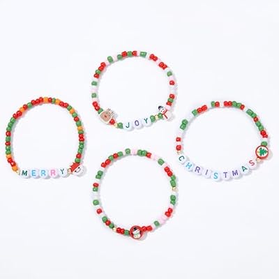 Seraphina 4PCS Christmas Clay Beaded Bracelets - Stackable Stretch Bracelets with Joy Merry Christmas Letter Beads & Snowman/Reindeer Charms - Christmas Jewelry Gift Set