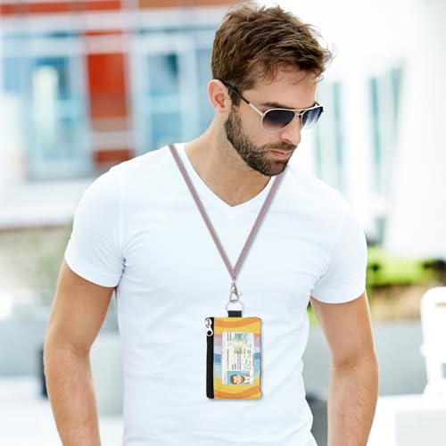 Image of Minimalist RFID Wallet with Lanyard, Multi-functional ID Case with 2 Zipper Pockets and Key Chain for Men and Women, Tactical Badge Pouch Cards Holder, Coin Purse for Travel Sports - Two-Tone