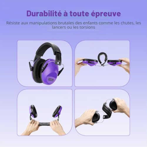 Dr.meter Casque Anti Bruit Enfant, SNR 27dB Enfant Facilement Réglable Pliable Cache-Oreilles pour Dormir étudier Tirer pour l’Autisme Feux d’Artifice Concert Bandeau 1Pc Violet – vue 6