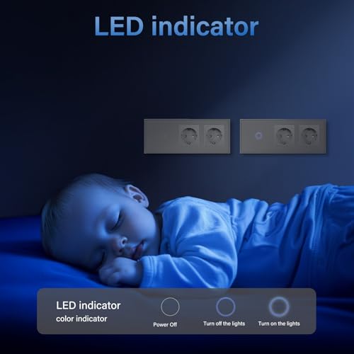 BSEED Touch Lichtschalter mit Steckdosen 1 Fach 1 Weg Wandschalter mit doppelten Steckdosen Unterputz Touchscreen-schalter mit Glasrahmen 228mm Grau