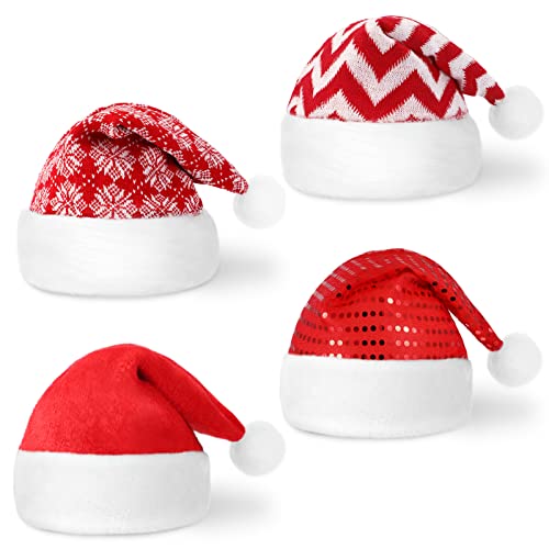 4 Pieces Christmas Hat Unisex Adults Santa Hats Glitter Sequin Christmas Hat White and Red Xmas Hats Snowflake Santa Hats Plush Fabric Hats for Adults Men and Women Xmas Holiday Party Supplies
