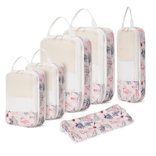 Narwey 6 Sets Compresión Organizador Maletas Bolsos, Compression Packing Cubes, Bolsas Viaje para Mochila, Equipaje de Mano y Maleta, Bolsas Organizadoras Ropa para Viaje Hogar (flamenco beige)