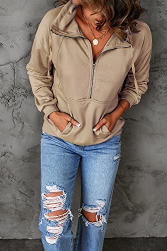 Image of PRETTYGARDEN Women's Casual Long Sleeve Zipper Sweatshirt Drawstring Loose Quarter Zip Pullover Tops with Pockets