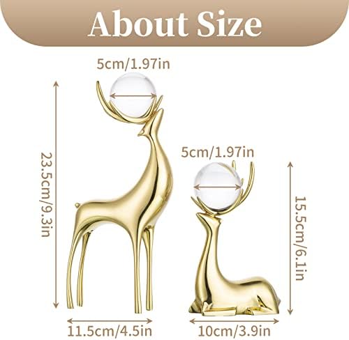 Sziqiqi Reindeer Sculptures Animal Figurine Statues Set of 2, Brass Deer with Crystal Ball Stag Ornaments for Living Room Bedroom Office Table Mantel Christmas Decoration, Gold