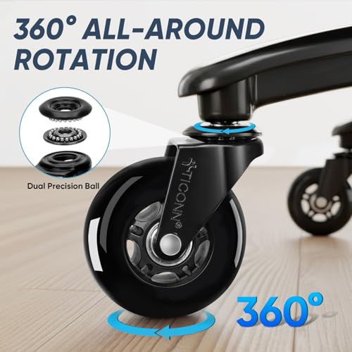 Image of TICONN Office Chair Caster Wheels Set of 5 for Tile, Hardwood Floors and Carpets, Universal Fit for Most Chairs (Black)