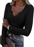 Picture of Roselux Women V Neck Ribbed Long Sleeve Shirt Fitted Basic Henley Knit Top Black L