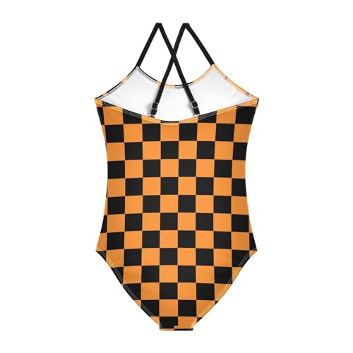 Image of Black and White Chess Girls One Piece Swimsuits Board Marble Tile Sport Halter Swimwear Beach Bathing Suit 3T
