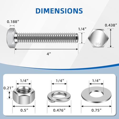 Image of Mellewell 1 /4-20 x 4 Hex Head Bolts with Hex Nuts and Thick Flat & Lock Washers, Fully Threaded, Stainless Steel 18-8, Plain Finish, 8 Sets