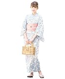 [SOUBIEN] ソウビエン 浴衣 2点 セット (浴衣/半幅帯) レディース フリーサイズ 水色系 白 ピンク 百合 花 綿