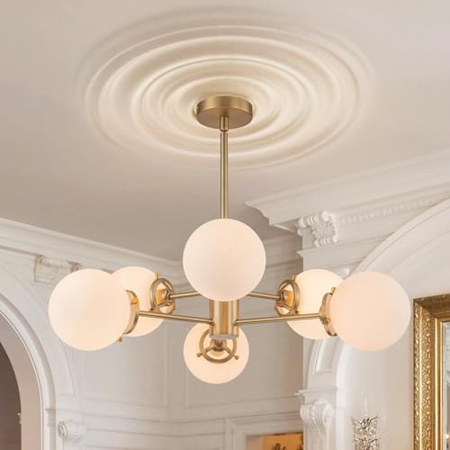 Image of 6-Lights Sputnik Chandeliers Gold Mid Century Modern Chandelier Fixture with Milk White Globe Glass, Dining Light Fixtures Ceiling Hanging for Living Room Bedroom Kitchen Island Foyer