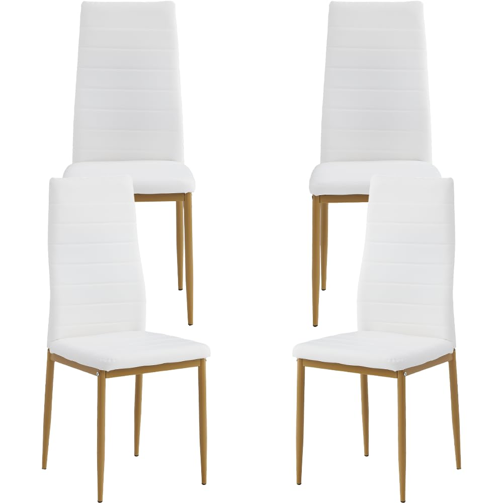 Gold Dining Chair Set of 4, Upholstered Leather Kitchen Chairs with High Back & Metal Legs for Dining, Kitchen, Living Room