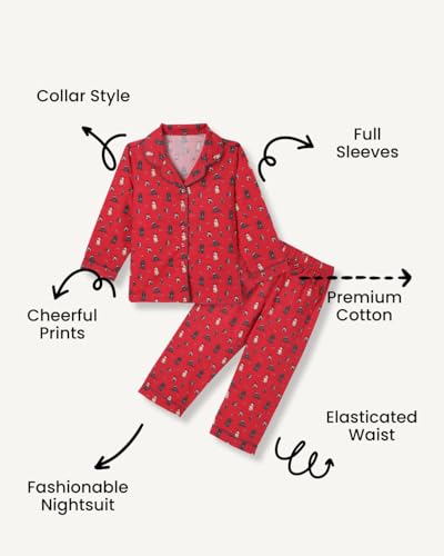 Image of Girls Premium Cotton Full Sleeves Printed Nightsuit Set | Collar Style Night Dress for Girls | Soft & Breathable Pajama Set | Trendy Kids Sleepwear & Nightwear