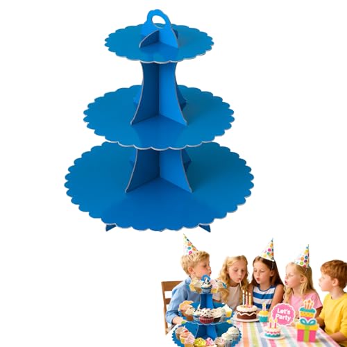 3 Tier Blue Cupcake Stand,Cupcake Stand Cardboard – Easy to Assemble& Reusable(Lace Blue)