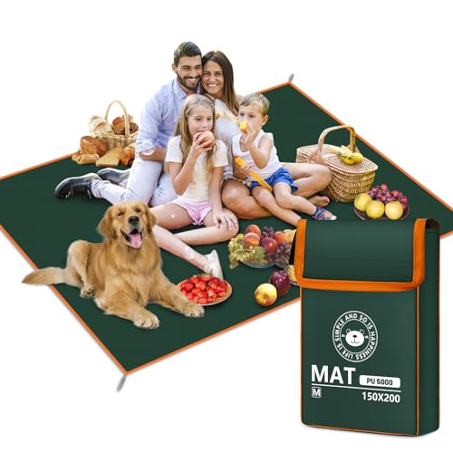 RUVVDR Manta Picnic Impermeable Manta Playa Grande con 4 Estacas de Suelo,Beach Mat para Camping, Parque, Picnic, Playa, Viajes, Ligera,Lavable a Máquina,Plegable (Verde, 150 x 200 CM)