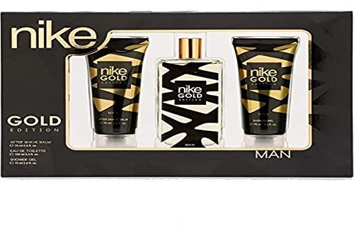 NIKE - Gold Edition, Estojo de presente para homem, Colónia 100 ml After Shave 75 ml gel de banho 75 ml, Eau de Toilette masculina, aroma cítrico especiado, fragrância fresca, elegante e duradoura