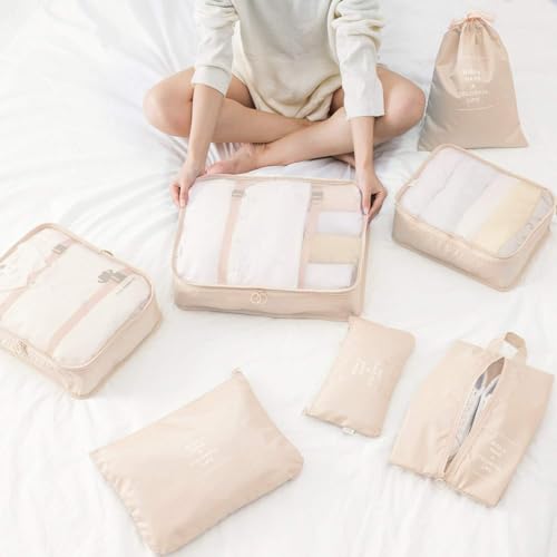 Image of 7pcs Set Travel Organizer Packing Cubes Lightweight Travel Luggage Organizers with Laundry Bag or Toiletry Bag Laundry Organiser. (Cream)