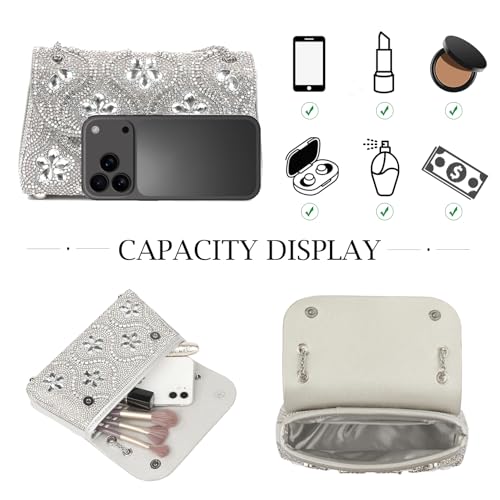 Image of Flower Rhinestone Crystal Clutch Purse Shoulder Bag Sparkling Evening Bag for Wedding Prom Party Bride Guest
