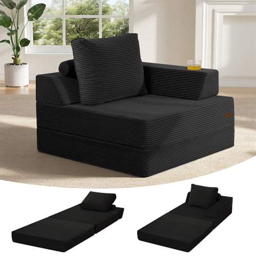 COMAX Folding Sofa Bed, Foldable Couch for Bedroom, Corduroy Convertible Floor Sleeper Futon Chair Foam, 3 in 1 Fold Out Chair Portable Comfy Lounge Couch Single Sofa Bed for Small Space Guest Room