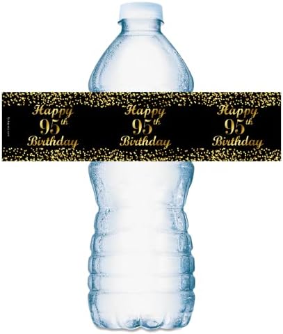 Happy 95th Birthday Black Water Bottle Labels; Set of 25 Waterproof Water Bottle Wrappers; Gold and Black Stickers. Happy Birthday Labels. Made in USA. image 5