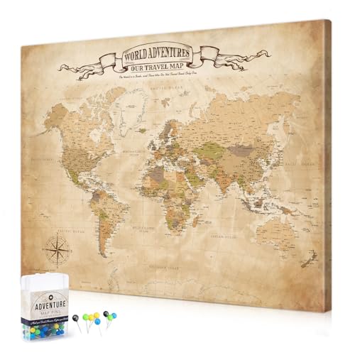 Image of DECORARTS - World Travel Map with Pins, Pin Board Canvas Wall Art, Antique Vintage Old World Maps for Wall, Giclee Print on Canvas, Handcrafted in USA, 20x16''