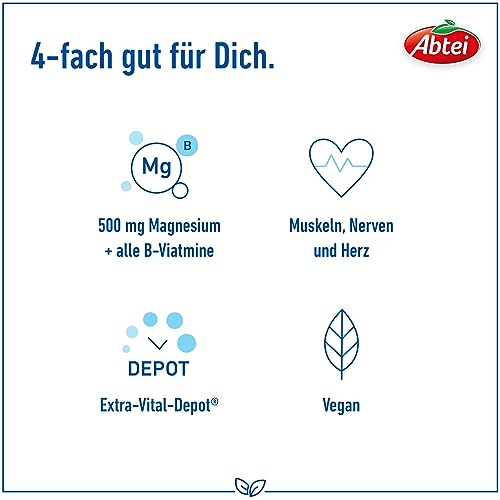 Abtei Magnesium 500 Plus Extra-Vital-Depot – hochdosierte Magnesiumtabletten – mit allen B-Vitaminen – für Muskeln, Nerven und Herz – vegan – 42 Tabletten