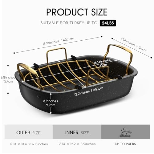 Nonstick Roasting Pan with Rack, 17" x 13" Large Turkey Roaster Pan, Oven Roasting Pan, Roaster Pan for Turkey, Chicken, Vegetable, Gold & Black by Slow Slog - Image 2