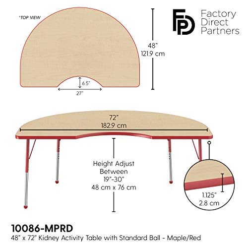 Image of FDP Kidney Activity School and Office Table (48 x 72 inch), Standard Legs with Ball Glides for Collaborative Seating Environments, Adjustable Height 19-30 inches - Maple Top and Red Edge