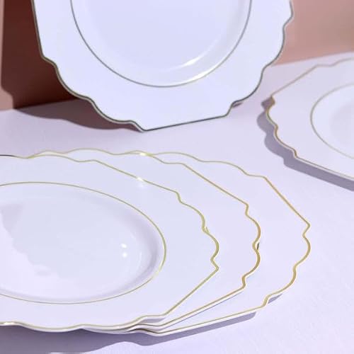 Tableclothsfactory 10 Pack | 12\" White Hard Plastic Dinner Plates, Disposable Tableware, Baroque Heavy Duty Plates with Gold Rim - Thumbnail 5