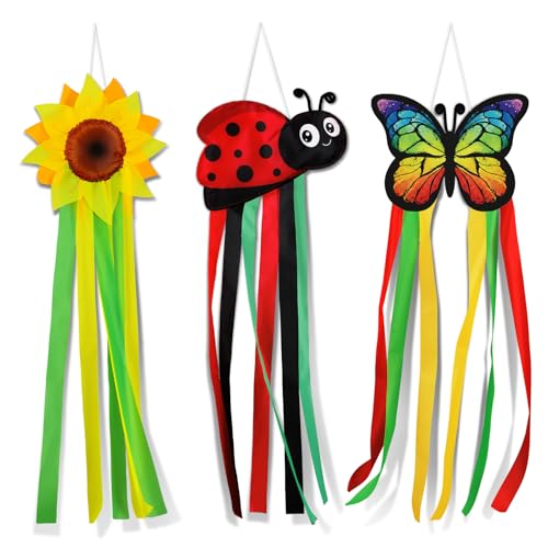 Saysurey 3 Pcs 40 Inch Spring Garden Outdoor Wind Socks Set Sunflower Butterfly Ladybug Polyester Summer Windsock Outdoor Hanging Decorations Spring Wind Socks for Outside Garden Yard Patio Decor