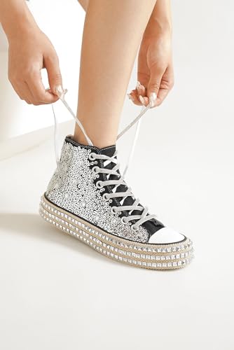 Womens Lace-up High-Top Canvas Sneakers Studded Rhinestone Side Shoes Lace-up Fashion Shoes Casual Platform Boots3