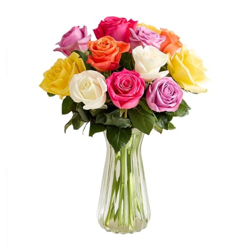 1800 Flowers – 12 Stem Assorted Bright Roses (Clear Vase