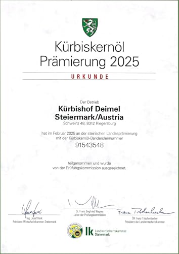 Kürbishof DEIMEL Steiermark/Austria - 500 ml Dose Original Steirisches Kürbiskernöl g.g.A. - Jährlich prämiert