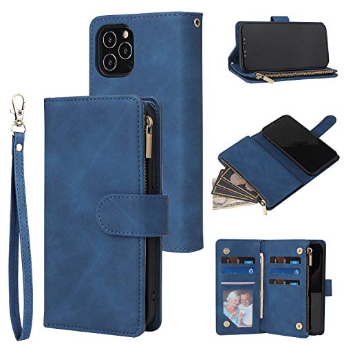 Coque iPhone 13 Pro bleu en cuir PU retro avec fentes de cartes et support antichoc