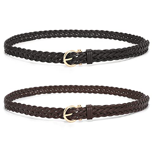 2 Pcs Women's Braided Leather Belt Thin Woven Waist Belts For Jeans Pants Dresses,B-Black+Coffee-Gold Buckle,Fit Pants Up To 39" #TOP23