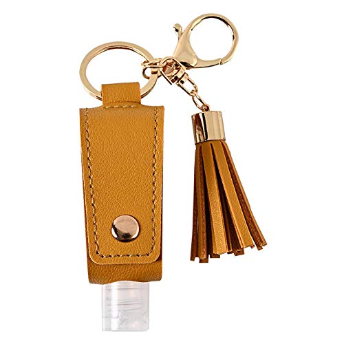 Bouteilles de voyage avec porte-clés - 30 ml - Vide - Distributeur de désinfectant pour les mains - En cuir - Rechargeable - Avec pompon - Jaune