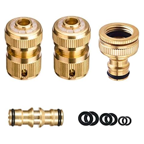 VReder Brass Garden Hose Fitting Set, including Brass Hose End Quick Release Connector, 1/2Inch & 3/4 Inch 2in1 Threaded Faucet Adapter Tap Connector, Double Male Snap Connector, Spares Kit Cover