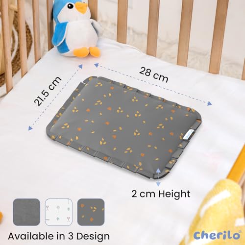 Image of Cherilo Mustard Seed Baby Comfort Cushion | Adjustable Filling | Soft Cotton Cover | 28 x 21.5 x 2 cm - Grey Leaf Pattern