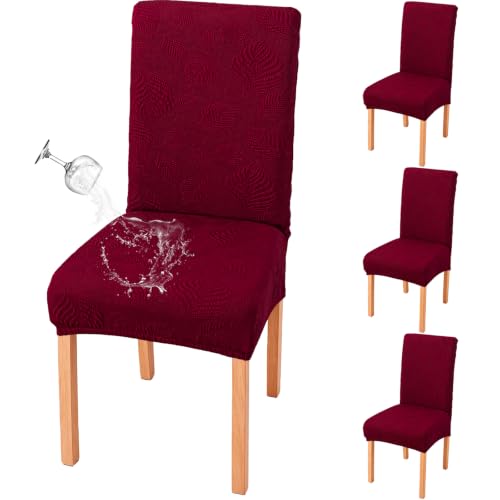 Image of Waterproof Dining Chair Cover Set of 4,Kitchen Chair Cover,Wine | Stretch Dining Room Chair Slipcovers with Leaf Jacquard,Removable Kitchen Chair Protector for Home,Restaurant,Banquet