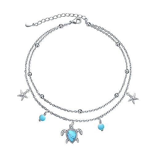 Image of Ladytree S925 Sterling Silver Boho Beach Double Layer Anklets Bracelet for Women Adjustable 9 to 11 inches