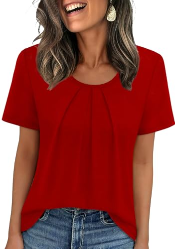 Image of WIHOLL Women T Shirts Pleated Short Sleeve Tops Business Casual Dressy Blouses