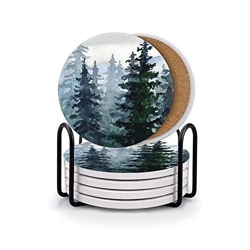 Huxjoko Coasters For Drinks Set Of 6,Watercolor Pine Forest Mountains Absorbent Ceramic Coaster,Round Stone Mat,With Cork Base And Metal Holder For Coffee Table Room Bar Home Decor Housewarming Gifts cover