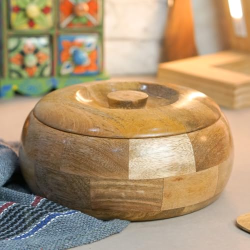 Image of Sanjeev Kapoor By OGGN Mango Wood 9 x 9 x 4 Inch, Casserole for Roti Hot Case | Wooden Roti Box | Hot Case Casserole | Big Chapati Storage Box for Home & Kitchen - Premium Wood Elegant Design