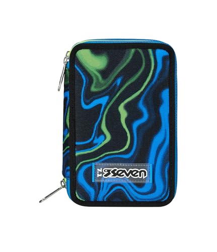 Seven Federmäppchen, Mäppchen, Mehrfarbig, Federtasche für Schreibwaren, Etui komplett mit Bleistiften, Filzstiften, Schulmaterial, mit 3 Fächern, Mädchen, Schule - Grundschule, XXL, blau-schwarz