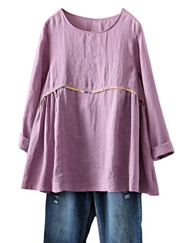 Mordenmiss Women's Linen Shirts Casual Loose Fit Tunic Top Long Sleeve Comfy Blouse Purple XL