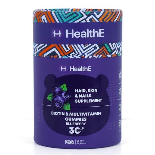 HealthE Biotin & Multivitamin Hair Gummies – For Stronger, Fuller, Shinier Hair- USFDA Registered – Vegan – Sugar Free – With Multivitamins – Blueberry Flavour – Biotin hair gummies for hair growth – Glowing Skin – Healthy Nails. HealthE Biotin & Multivitamin Hair Gummies – For Stronger, Fuller, Shinier Hair- USFDA Registered – Vegan – Sugar Free – With Multivitamins – Blueberry Flavour – Biotin hair gummies for hair growth – Glowing Skin – Healthy Nails.
