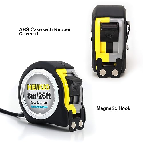 Tape Measure 8M/26FT, Double-Sided Metric and Inch Scale with Fractions, Retractable Measuring Tape with Magnetic Hook and Double Stop Buttons