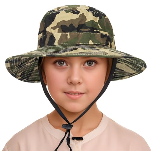 Cotton Camo Sun Hats for Kids, Quick-Dry Wide-Brim Sun-Protection Safari Fishing Toddler Bucket Hat, Army-Green 2-14Y2