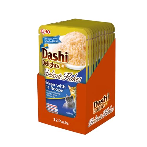 INABA Dashi Delights Delicate Flakes, Nassfutter für Katzen mit Huhn und Thunfisch, feine Flocken in aromatischer Fischbrühe, Proteinreich, Natürliche Zutaten, Ergänzungsfutter, 12x40g