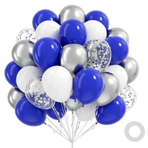 60pcs Blue and Silver Balloons 12inch Metallic Silver Confetti White Royal Blue Balloons for Graduation Wedding Birthday Party Decorations